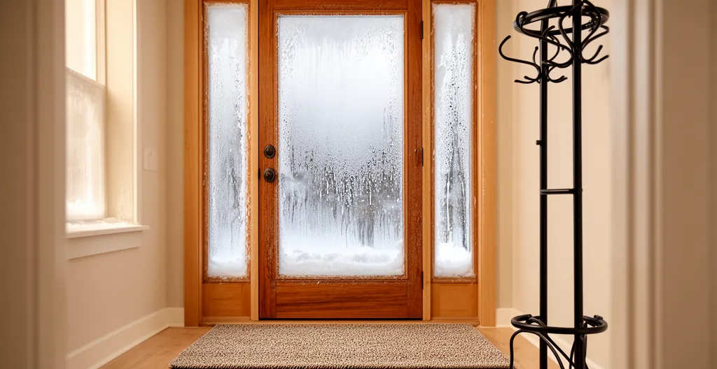 Porte d'entrée vue de l'intérieur avec condensation visible sur le cadre et la vitre latérale