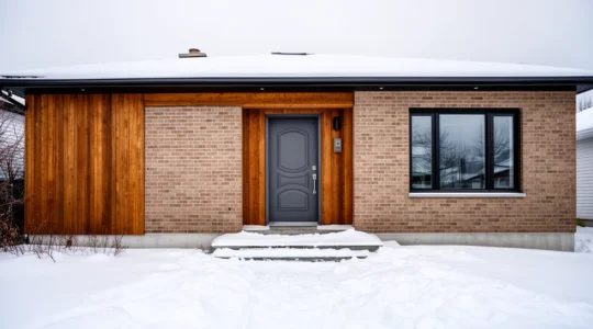 Façade maison unifamiliale québécoise en hiver avec porte d'entrée visible et neige sur le perron