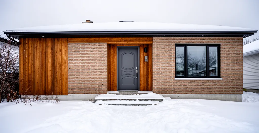 Façade maison unifamiliale québécoise en hiver avec porte d'entrée visible et neige sur le perron