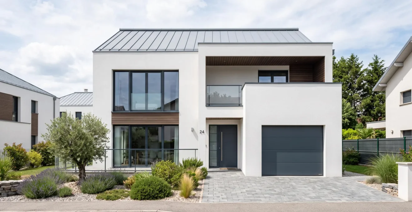 Façade moderne d'une maison française contemporaine avec porte de garage anthracite parfaitement harmonisée avec l'enduit blanc et les menuiseries