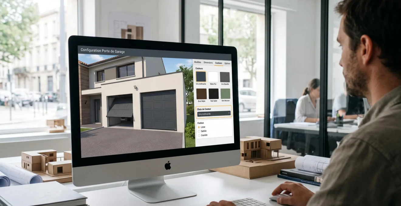 Interface de configurateur en ligne de porte de garage affichée sur écran d'ordinateur avec options de personnalisation et rendu 3D