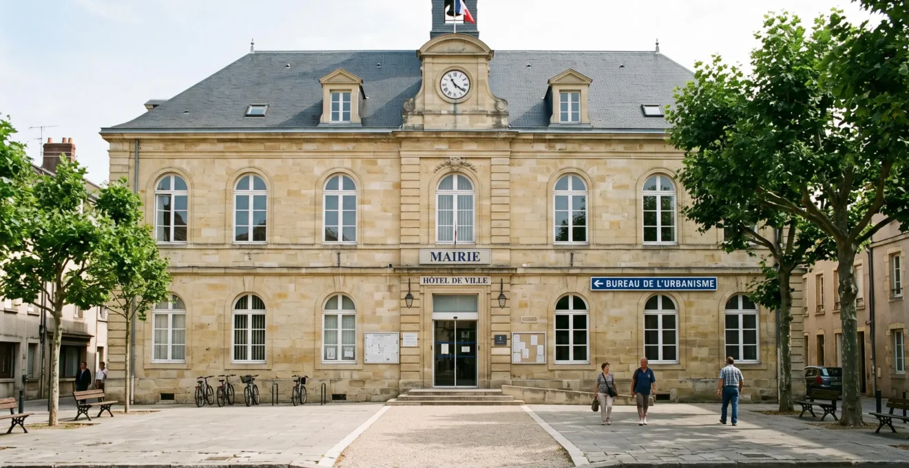 Façade d'une mairie française avec panneau direction bureau d'urbanisme et dossier de déclaration préalable visible