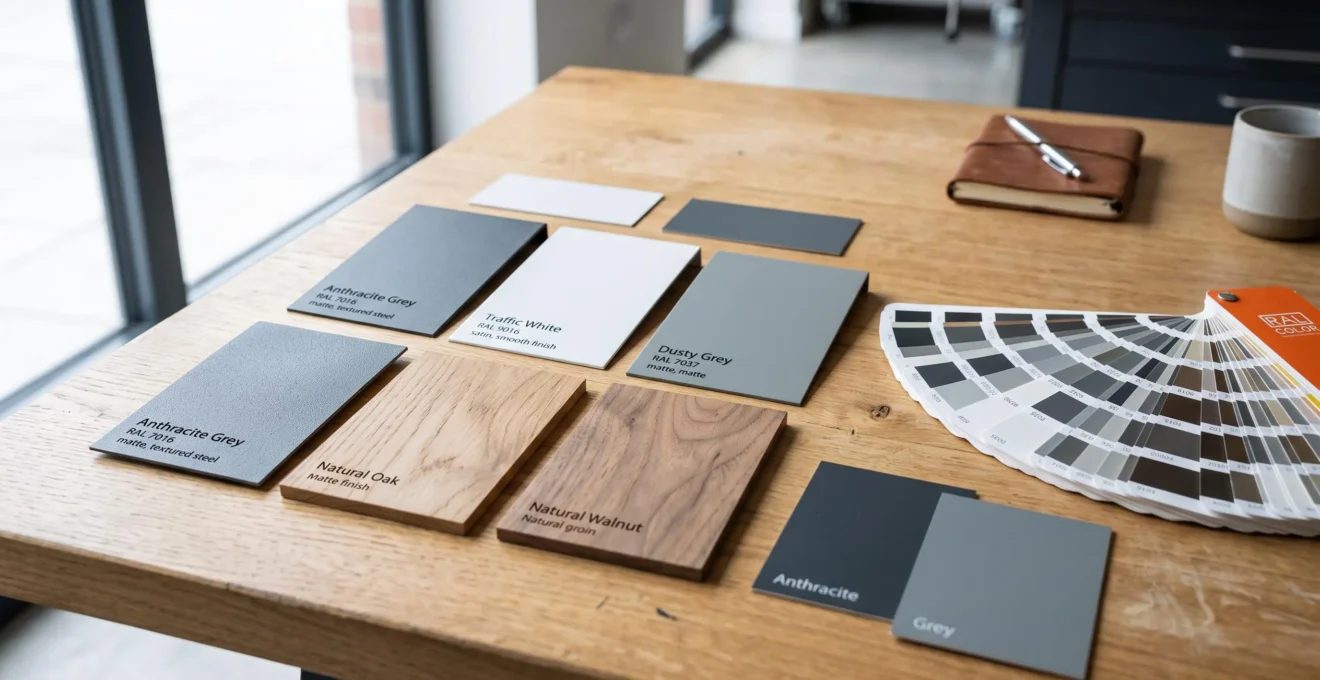 Nuancier de couleurs RAL pour portes de garage avec échantillons de différents matériaux et finitions disposés sur une table