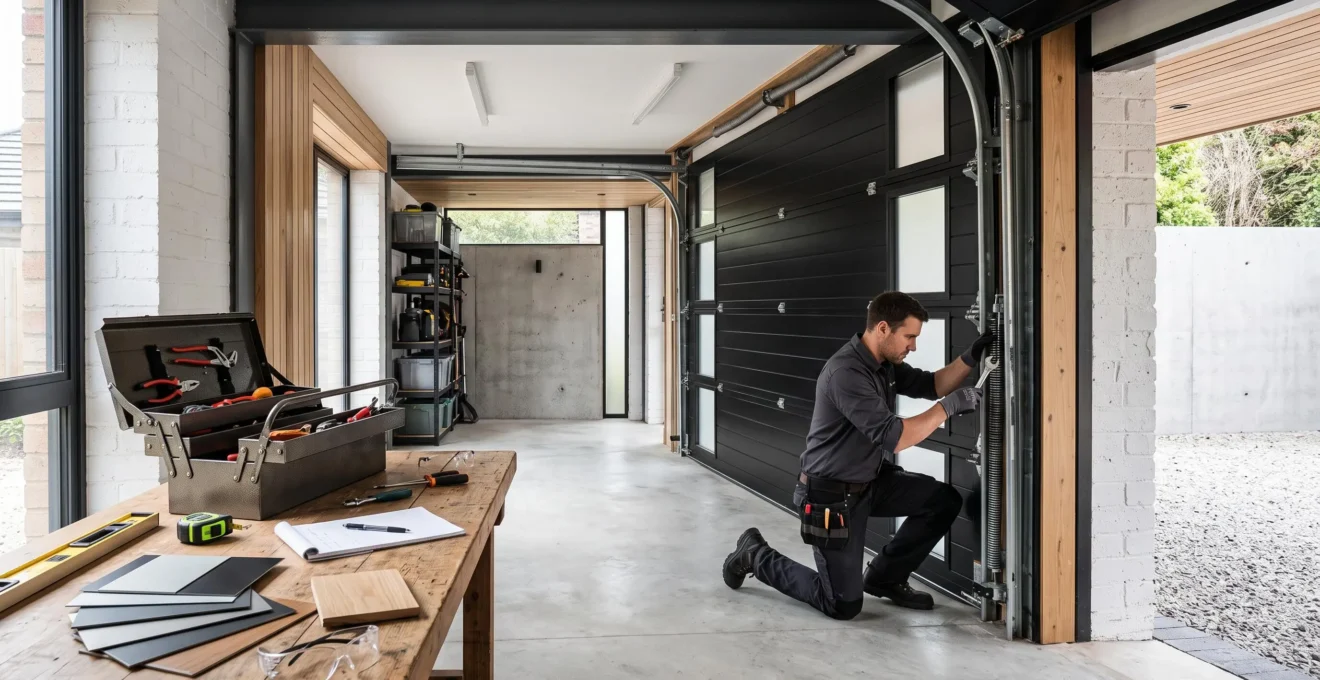 Technicien professionnel ajustant une porte de garage sectionnelle moderne dans un garage résidentiel avec échantillons de couleurs et outils de mesure visibles