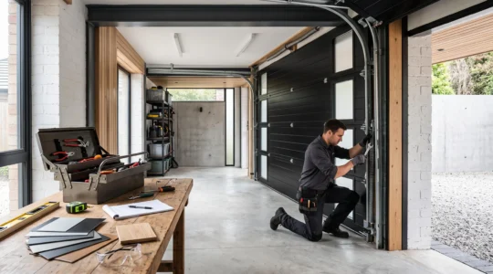 Technicien professionnel ajustant une porte de garage sectionnelle moderne dans un garage résidentiel avec échantillons de couleurs et outils de mesure visibles