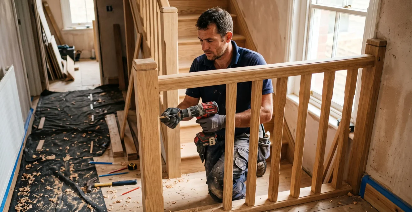 Un artisan menuisier fixe une rampe d'escalier en bois lors de travaux intérieurs.