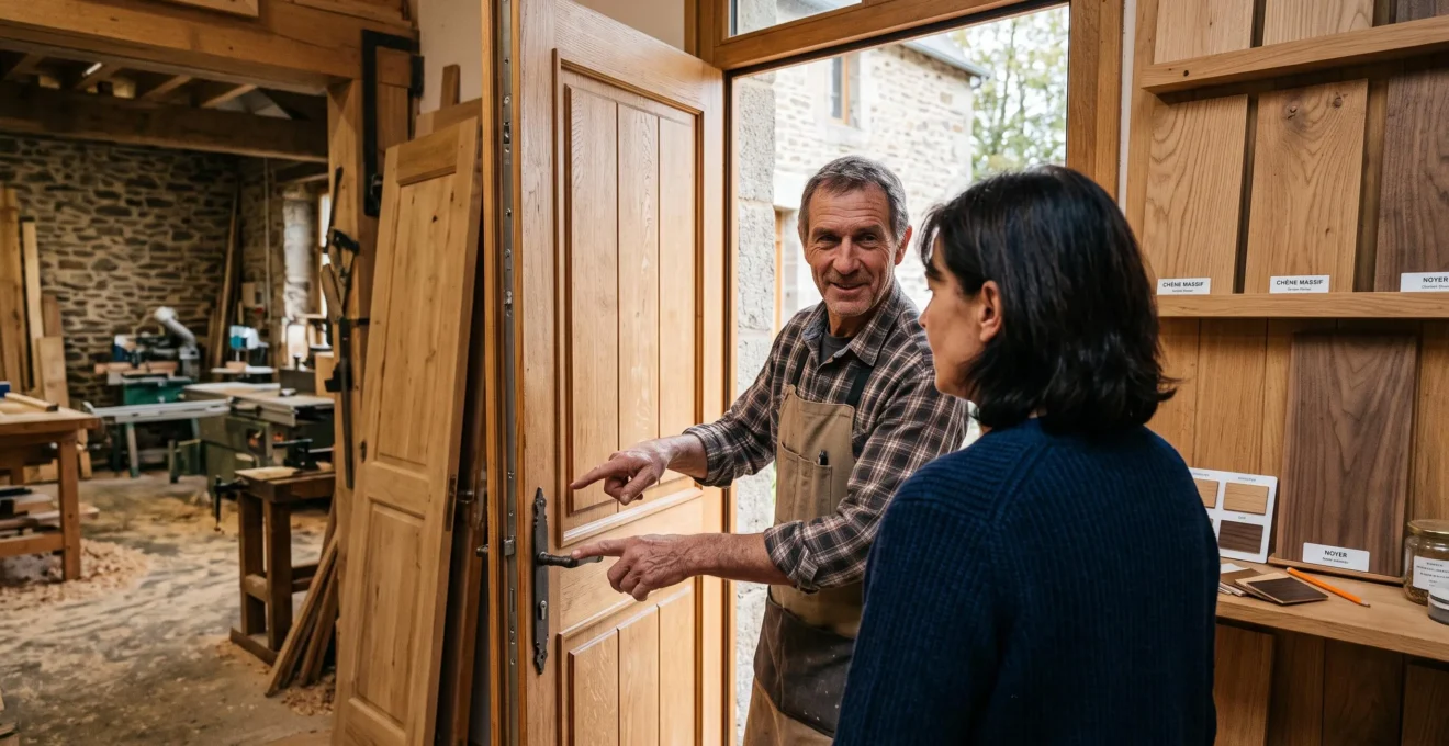 Un client et un menuisier examinent une porte en bois dans un showroom.