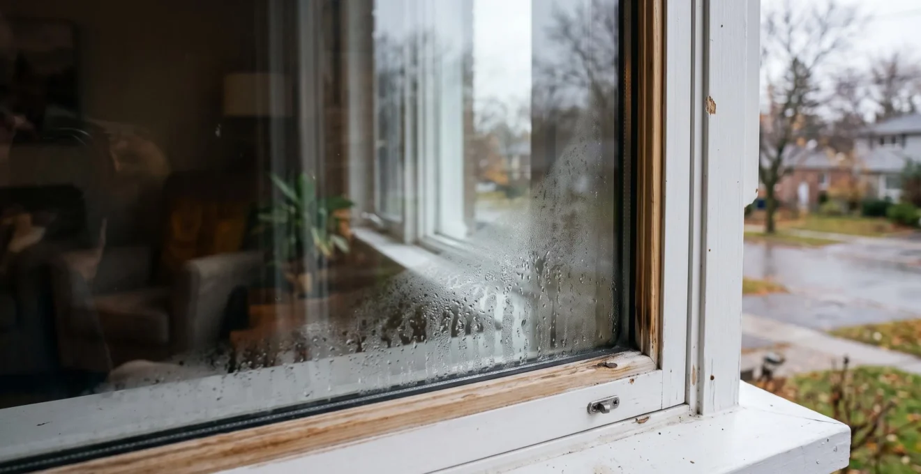 Condensation piégée entre les deux vitres d'une fenêtre à double vitrage scellée.