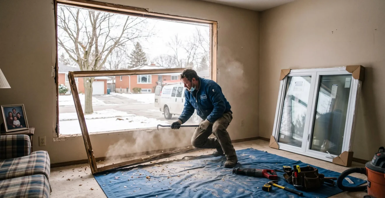 Un technicien démonte un ancien cadre de fenêtre dans une maison en rénovation.