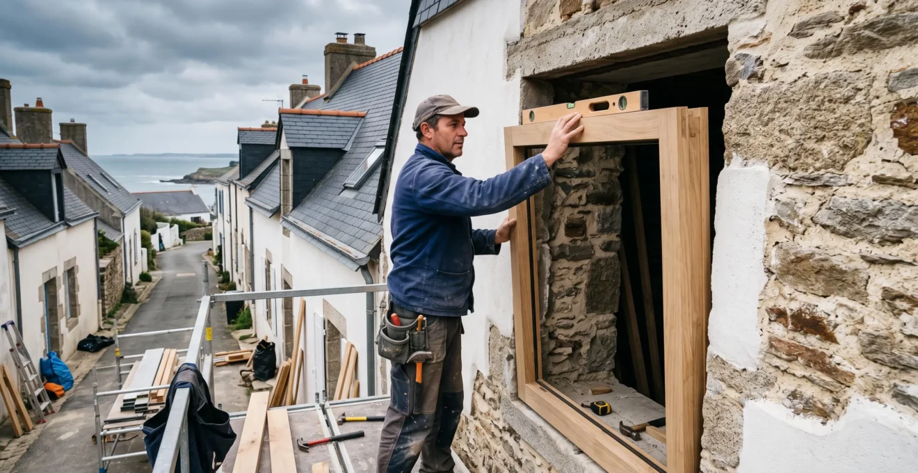 Un menuisier ajuste un cadre de fenêtre en bois sur un chantier de rénovation.